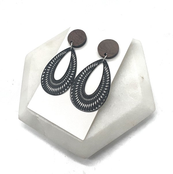 Noir Naturelle: Wooden Whirl Statement Earrings